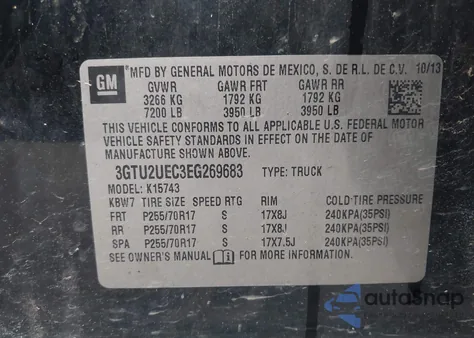 2014 GMC Sierra 1500 Sle from USA, damaged, VIN 3GTU2UEC3EG269683